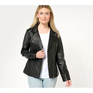 Maya J Women's Jacket Sz L Denim & Co. Lamb Leather Moto Pockets Black A612795